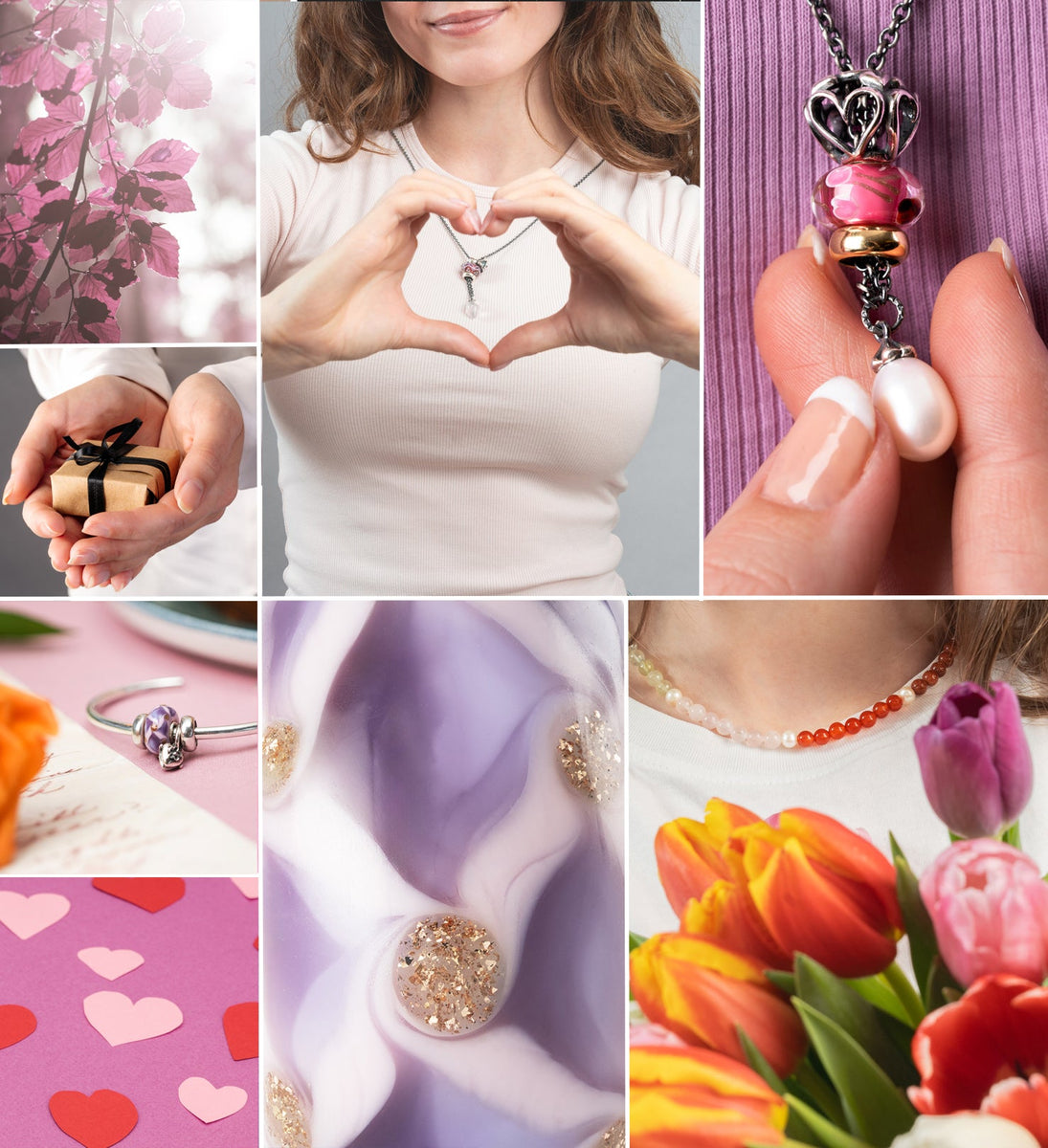 Valentines moodboard with hearts, flowers and jewellery